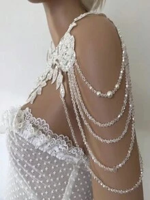 Accesorio de vestido de novia hecho a mano con cuentas, cadena para hombros de novia, estilo europeo y americano - Blanco - Ver 4