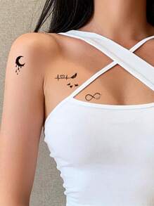 Conjunto De 4 Hojas De Tatuajes Reducidos De Planetas, Latidos De Corazones, Plumas Y Alfabeto - Negro - Ver 3