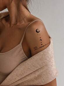 Conjunto De 4 Hojas De Tatuajes Reducidos De Planetas, Latidos De Corazones, Plumas Y Alfabeto - Negro - Ver 4