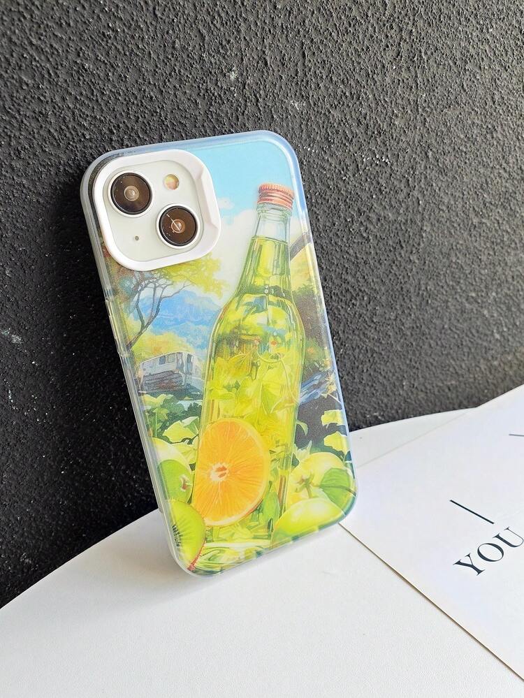 1pc Creative And Personalized Japanese Style Landscape Painted Glass Bottle With Lemon Graphic For Drinks Such As Lemon Tea And Lemonade, Compatible With Iphone 11/12/13/14/Pro Mobile Case That Is Semi-Transparent Sandblasted And Full-Protection With Camera Frame - Multicolor - View 3