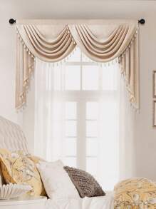 1 pieza Cortina de ventana de unicolor tejida, de estilo minimalista moderno con material de fibra de poliéster y borde de encaje con flecos, adecuada para la decoración de la sala de estar, dormitorio, ventana y puerta - Beis - Ver 6