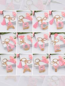 1 件女式粉色閃光流蘇鑰匙扣帶樹脂手提包吊飾和大寫英文字母 V,也適合情侶鑰匙扣 - 粉色 - 查看 2