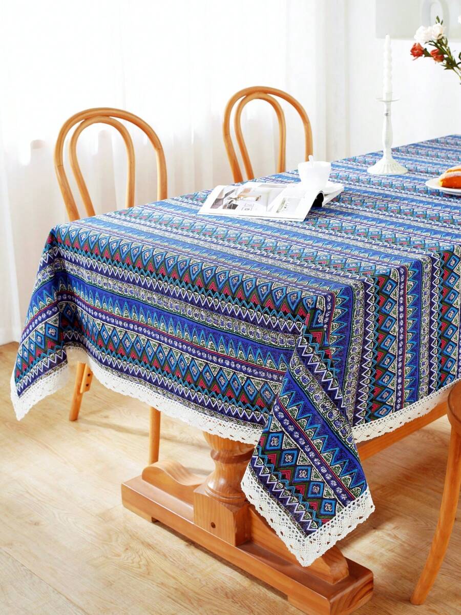 1 Pièce Nappe Rectangulaire En Dentelle De Style Bohème Pour La Décoration De La Table De Cuisine, Salle À Manger Et Ferme - Bleu azur - Voir 1