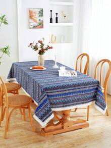 1 Pièce Nappe Rectangulaire En Dentelle De Style Bohème Pour La Décoration De La Table De Cuisine, Salle À Manger Et Ferme - Bleu azur - Voir 2