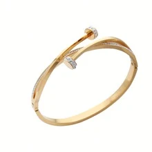 1pc Minimalist Rivet Design Luxury Stainless Steel Rhinestone Inlaid Bracelet, Suitable For Daily Wear, Women Gift - Gold - View 3