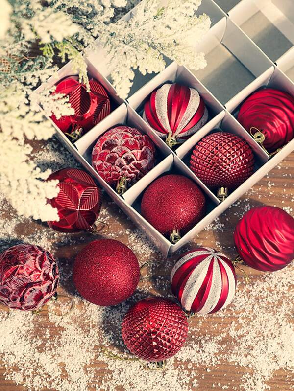 12 Pièces Ornements D'arbre De Noël En Blanc Et Rouge De 2,4 Pouces/6 Cm Avec Étincelles, Boules De Noël Et Pendentifs D'arbre Pour Fenêtre Et Décoration D'affichage