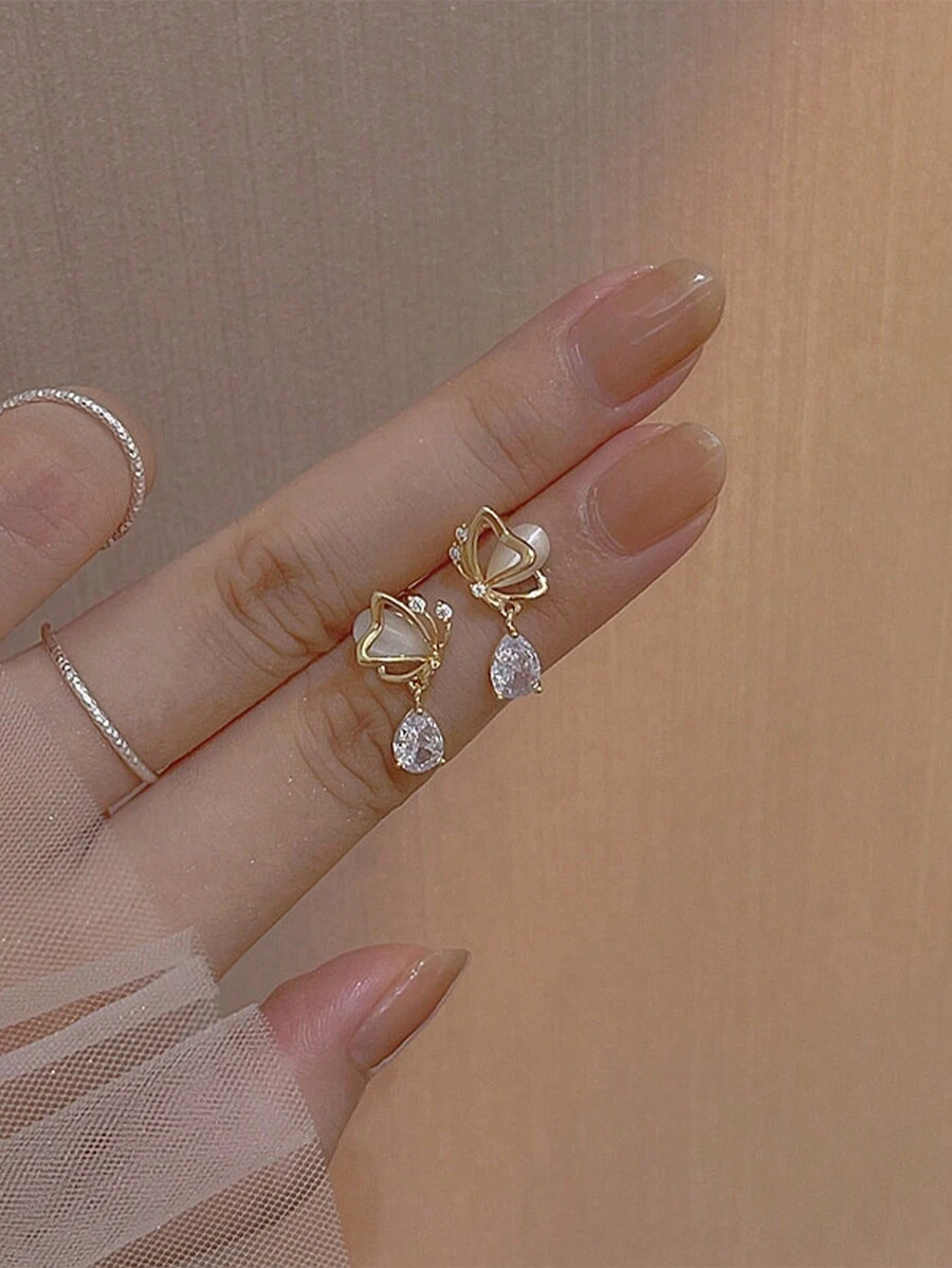 1對女士貓眼石蝴蝶心形水滴鑽石耳釘,時尚獨特設計,適用於節慶和約會 - 彩色 - 查看 1