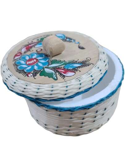 Contenedor Para Tortillas Tortillero Hermético Artesanal Decorado De Paja Mimbre con Tapa Madera Para un Kilo de Tortillas
