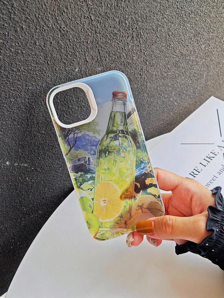 1pc Creative And Personalized Japanese Style Landscape Painted Glass Bottle With Lemon Graphic For Drinks Such As Lemon Tea And Lemonade, Compatible With Iphone 11/12/13/14/Pro Mobile Case That Is Semi-Transparent Sandblasted And Full-Protection With Camera Frame - Multicolor - View 2