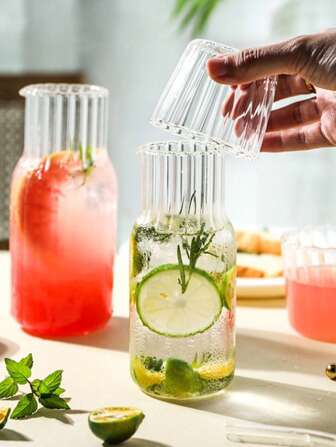 1 Pieza Juego De Tazas De Vidrio De Borosilicato Alto Con Rayas Verticales, Incluye 1 Tetera De Vidrio Y 1 Taza