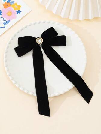 1pc Black Velvet Heart Rhinestone Bowknot Brooch Pin For Women, Can Be Used As Collar Pin Or To Decorate Clothes Accessories Women Valentine's Day