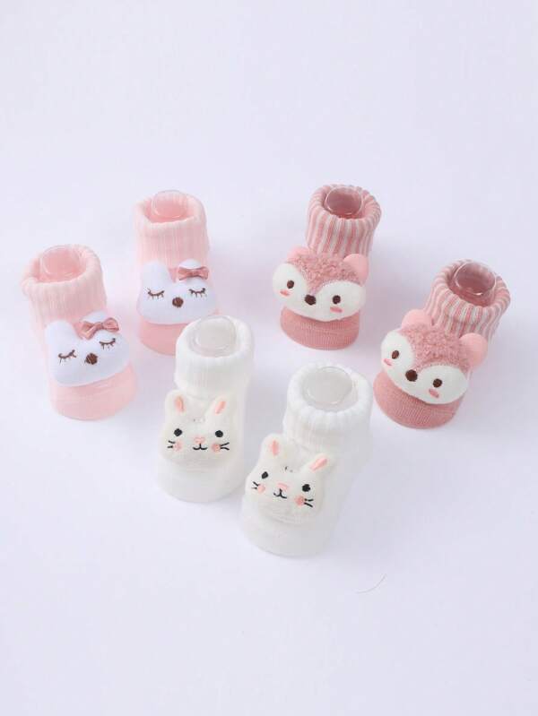 3pairs/pack Infants' Unisex Floor Socks Cartoon Print Mid-calf Breathable Socks For Baby