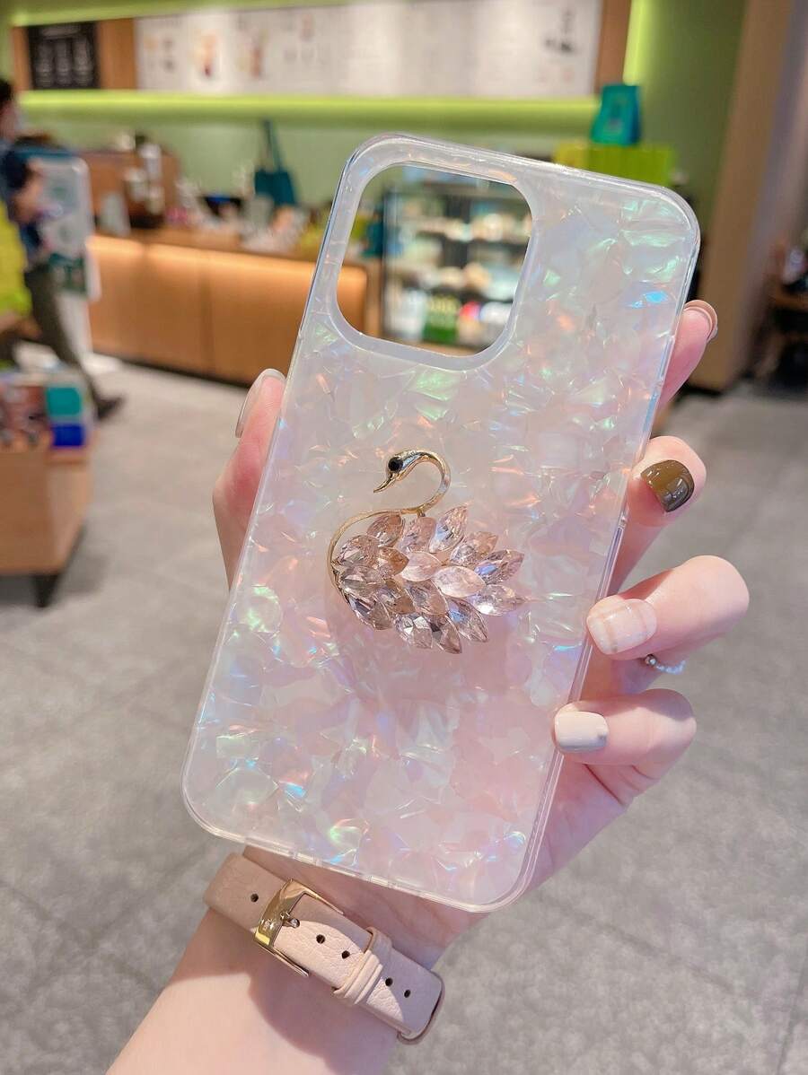 1 pieza Estuche protector rosa con patrón de cisne de diamantes de imitación y concha marina compatible con Samsung y iPhone - Multicolor - Ver 1