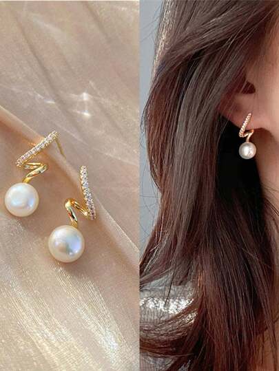 1pair Twisted Ear Studs With Rhinestone & Faux Pearl Decoration, Minimalist All-Match Earrings For Women Elegant Halloween