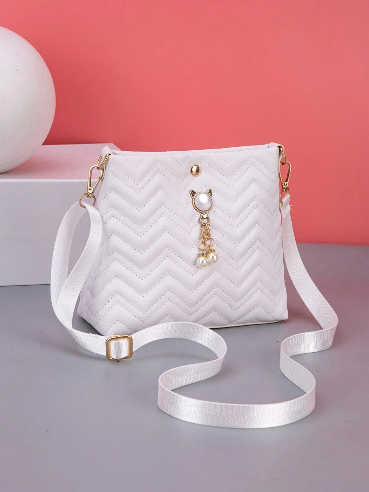 New Fashion Wavy Stitching Faux Pearl Decor Women Shoulder Bag, Crossbody Bag, Bucket Bag, Mini Square Bag With Adjustable Strap Length, Pearl Bag