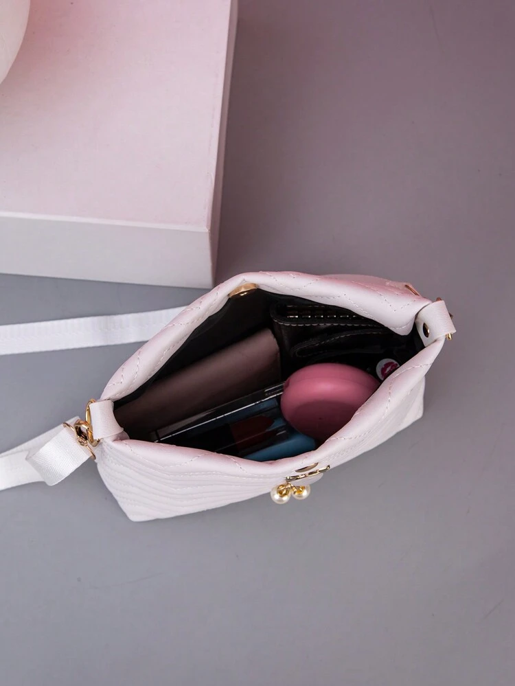 New Fashion Wavy Stitching Faux Pearl Decor Women Shoulder Bag, Crossbody Bag, Bucket Bag, Mini Square Bag With Adjustable Strap Length, Pearl Bag