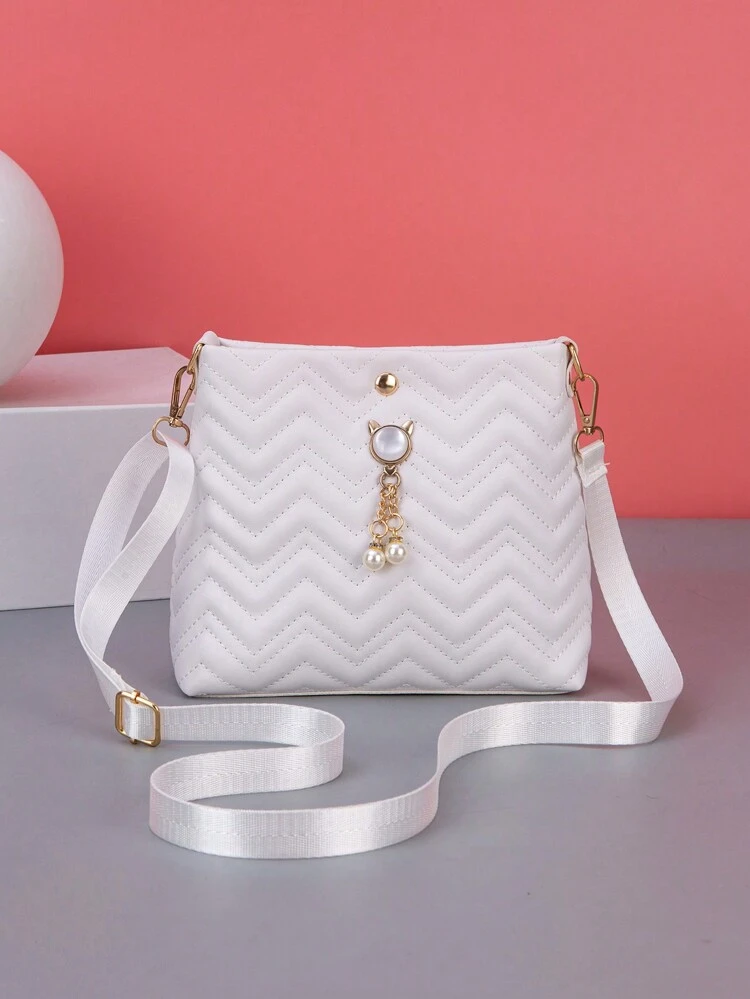 New Fashion Wavy Stitching Faux Pearl Decor Women Shoulder Bag, Crossbody Bag, Bucket Bag, Mini Square Bag With Adjustable Strap Length, Pearl Bag