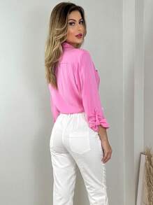 Camisa Social Feminina com Botão e Bolso Elegânte Moderna para Mulher