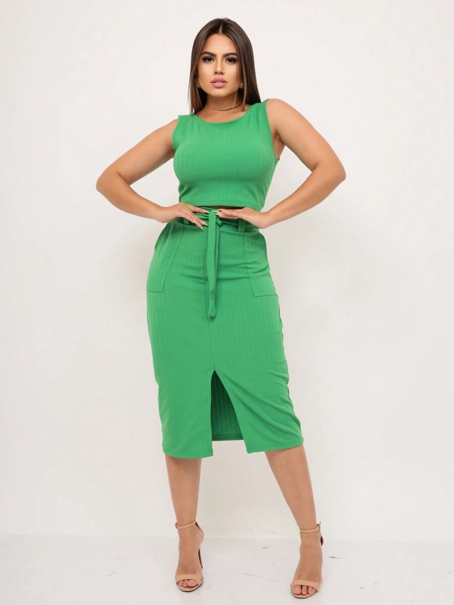 Conjunto Feminino Saia Midi e Cropped - Verde - Visão 1