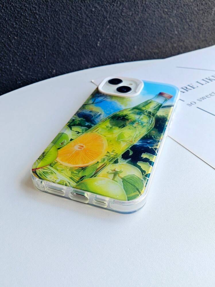 1pc Creative And Personalized Japanese Style Landscape Painted Glass Bottle With Lemon Graphic For Drinks Such As Lemon Tea And Lemonade, Compatible With Iphone 11/12/13/14/Pro Mobile Case That Is Semi-Transparent Sandblasted And Full-Protection With Camera Frame - Multicolor - View 4