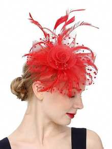 1套/3入紅色新娘髮飾,包括髮帶、夾子和髮箍,適用於女士和女孩派對、雞尾酒會、茶會儀式,優雅精緻 - 紅色 - 查看 2