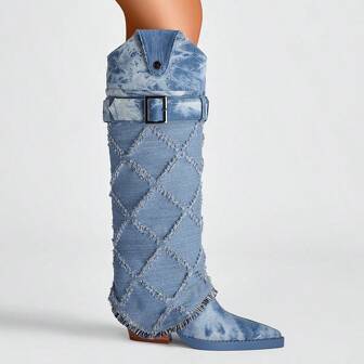Chunky Heel Pointed Toe Double Layered Denim Fashion Boots
