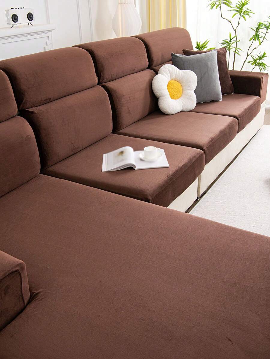 1入冬季毛絨沙發坐墊套 - 棕色 - 查看 1