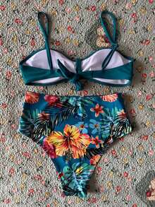 植物印花衬垫褶皱半身分体细肩带比基尼套装夏季 - 水鴨藍 - 查看 3