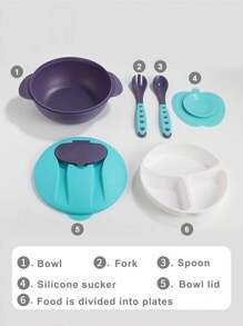 Set de 6 piezas de vajilla portátil y linda para niños, adecuada para usar en casa, interior, exterior y viajes, incluye plato dividido, tazón, tenedor, cuchara, taza de silicona con ventosa, cubriendo las necesidades de alimentación de los bebés durante los viajes, apta para lavavajillas
