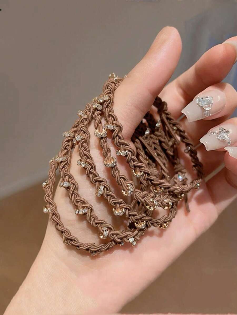 5pcs Simple & Versatile Elastic Hair Ties With Rhinestone Decor, Suitable For Daily Use - Brown - View 1