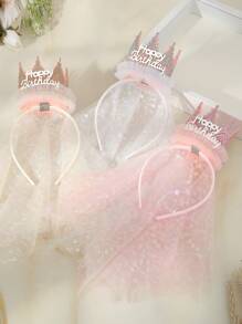 1套(1入)杏色公主頭紗皇冠髮箍,適用於女孩生日派對,可愛的3d皇冠網布髮飾