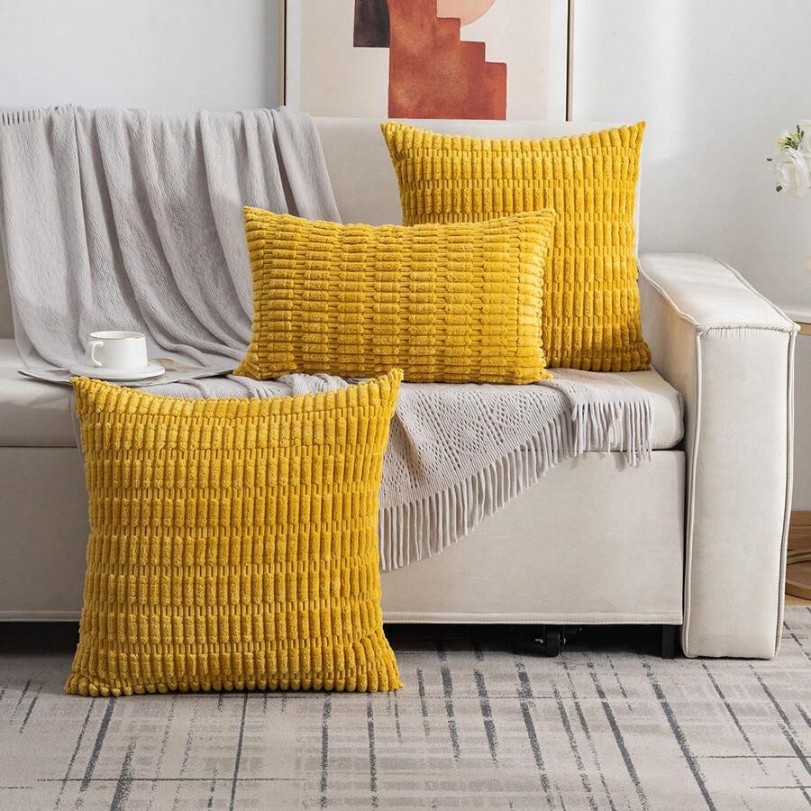 1pc Pillowcase With Hemming, Simple Solid Color Decorative Cushion Cover - Yellow - View 1