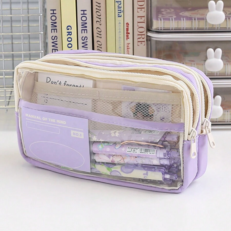 3 Layers High Capacity Transparent Pencil Case For Girls And Students, Minimalist Stationery Storage Bag - Purple - View 1