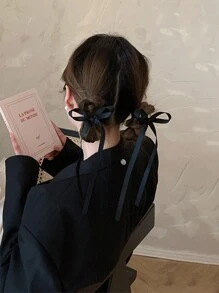 2 件女士优雅黑色长缎带蝴蝶结发夹、小巧甜美发夹、马尾辫夹、蝴蝶结发饰、送给她的礼物 - 黑色 - 查看 5