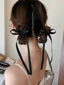 2 件女士优雅黑色长缎带蝴蝶结发夹、小巧甜美发夹、马尾辫夹、蝴蝶结发饰、送给她的礼物 - 黑色 - 查看 6