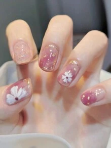 24入組短款粉紫色雛菊美甲貼,附1支果凍膠和1個指甲文件,適合女孩和女性日常佩戴 - 彩色 - 查看 1