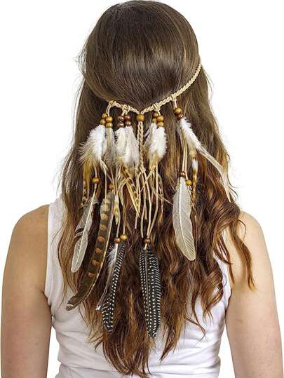 1 PC Beige Color Boho Feather Headband Bohemian Headband Feather Headpiece Feather Hair Jewelry Festival Headpiece Bohemian Feather Extension Boho Headpiece For Women Tiaras Turban Headband Sweatband, School Stuff, College, Headbands Fall Winter Hair Band Hair Accessories For Women For Vacation Outfits Woman Elegant Scarf Women Bandanas Soft Headwrap