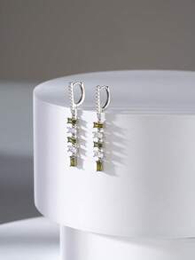 1對女性用正925純銀墜降耳環,4a級立方鋯鑲滿方形設計簡約優雅耳飾,是結婚紀念日/生日/婚禮/訂婚最佳禮物選擇