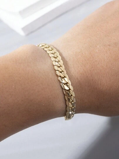 1 Pieza Pulsera De Cadena De Acero Inoxidable Chapada En Oro De 18k Con Diseño De Superficie Texturizada, Ajustable, Adecuada Para Uso Diario De Los Hombres