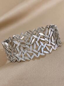 1 pieza elegante plata color de acero inoxidable Pulsera para mujeres hueco hoja Pulseras de puño ancho brazaletes con muñequera Bisutería para mano regalo - Plateado - Ver 1