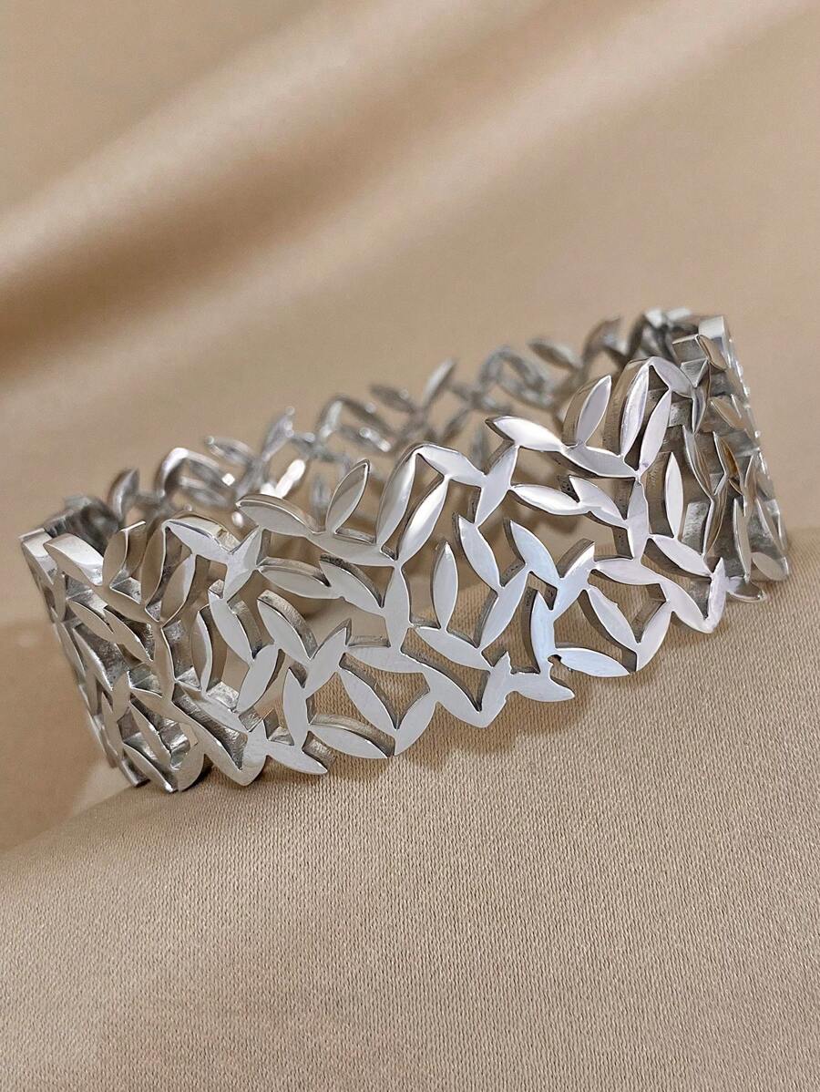 1 pieza elegante plata color de acero inoxidable Pulsera para mujeres hueco hoja Pulseras de puño ancho brazaletes con muñequera Bisutería para mano regalo - Plateado - Ver 1