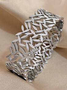 1 pieza elegante plata color de acero inoxidable Pulsera para mujeres hueco hoja Pulseras de puño ancho brazaletes con muñequera Bisutería para mano regalo - Plateado - Ver 3