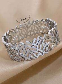 1 pieza elegante plata color de acero inoxidable Pulsera para mujeres hueco hoja Pulseras de puño ancho brazaletes con muñequera Bisutería para mano regalo - Plateado - Ver 6