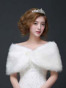 1 件白色毛绒婚礼披肩、新娘斗篷、新娘披肩，适合肩宽 40 厘米的女士秋装 - 白色 - 查看 1