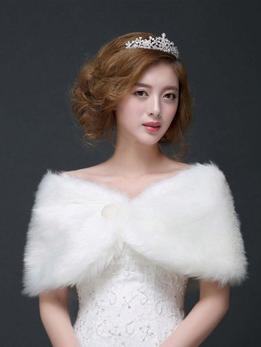 1 件白色毛绒婚礼披肩、新娘斗篷、新娘披肩，适合肩宽 40 厘米的女士秋装 - 白色 - 查看 1