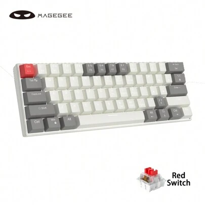 MageGee MK-Star61 Mini 60% Teclado mecánico 61 teclas con retroiluminación LED con cable Teclado compacto para juegos Teclado pequeño multidispositivo Teclado portátil con luz para computadora portátil, escritorio, computadora, PC Interruptor gris blanco-rojo