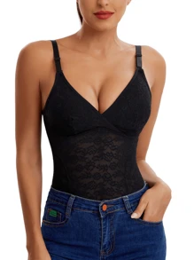 1pc Women's Black Sexy V-Neck Body Shaper With Tummy Control And Thong Bottom, Breathable,Quick-Drying,Absorbs Sweat - Black - View 10