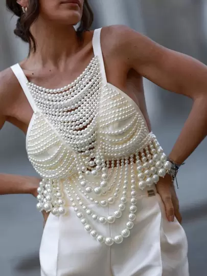 1pc Luxury Women Pearl Embellished Camisole, Paired With Elegant Spaghetti Strap Top, Streetwear Style, Suitable For Dates, Parties, Vacations, And As A Gift For Women