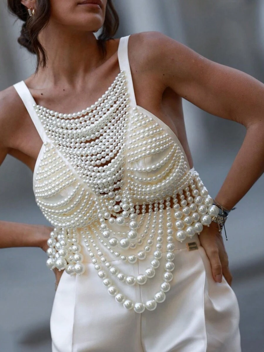 一件奢华女士珍珠装饰吊带背心，搭配优雅细肩带上衣，街头风十足，适合约会、派对、度假，也是送给女性的绝佳礼物。 - 白色 - 查看 1