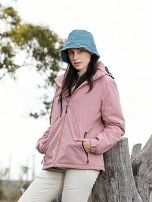 一件式女式冬季休闲可拆卸连帽防风户外棉服外套粉色 - 粉色 - 查看 5